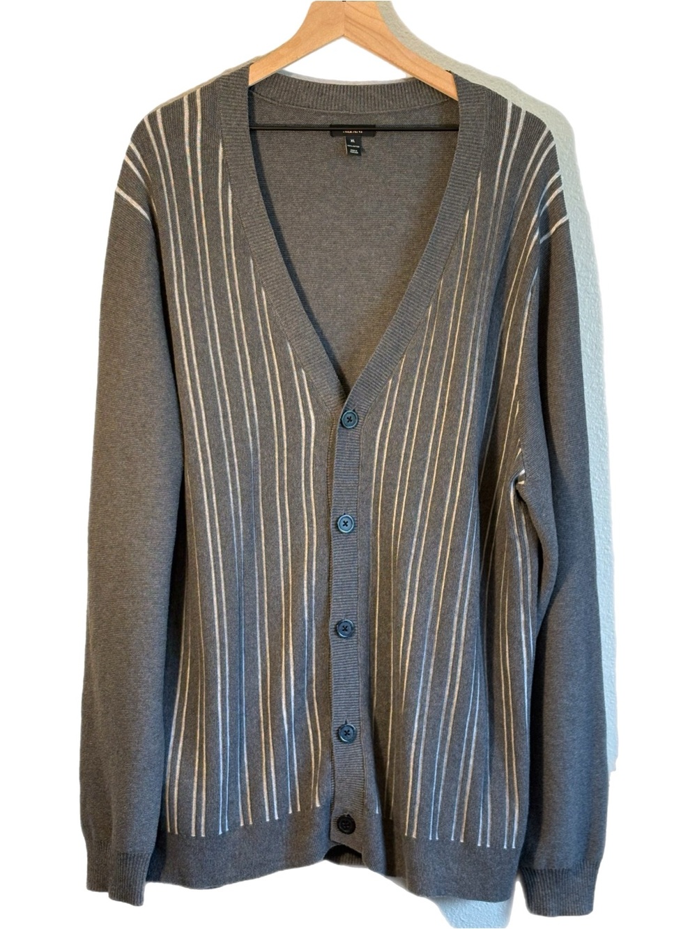 Alfani Men’s Cotton V-Neck Pinstriped Cardigan Sweater Gray White XL Preppy